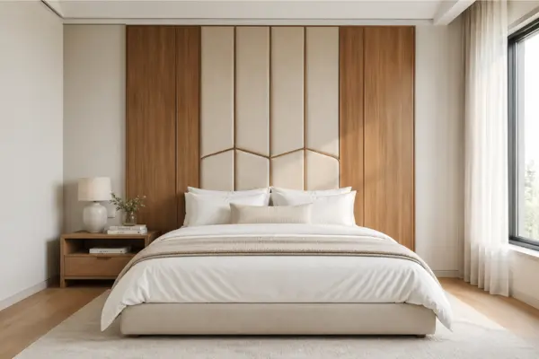 Statement Headboard with Simple Surroundings Styled to Glow the Statement Headboard with Simple Surroundings