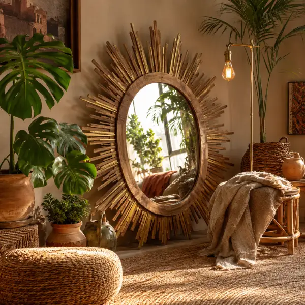 Sunburst Frame Standing Mirror in an Earthy Boho Corner Styled to Glow the Sunburst Frame Standing Mirror in an Earthy Boho Corner