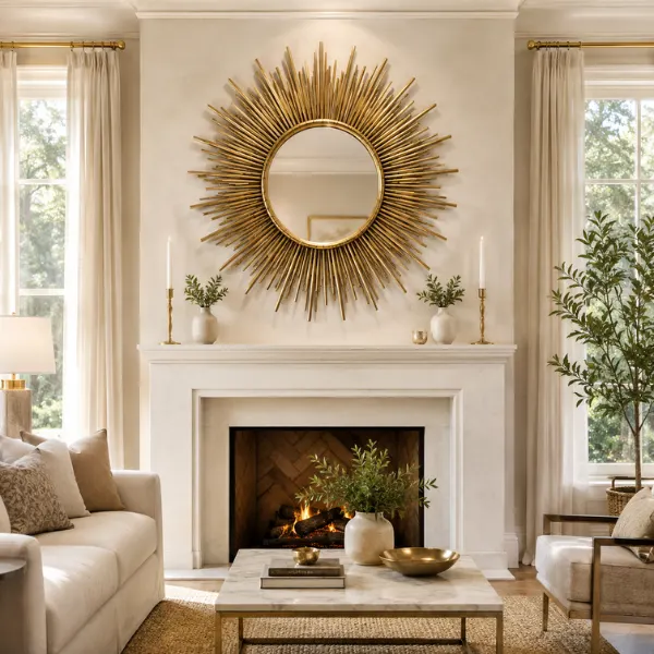 Sunburst Mirror Above the Mantel Styled to Glow the Sunburst Mirror Above the Mantel
