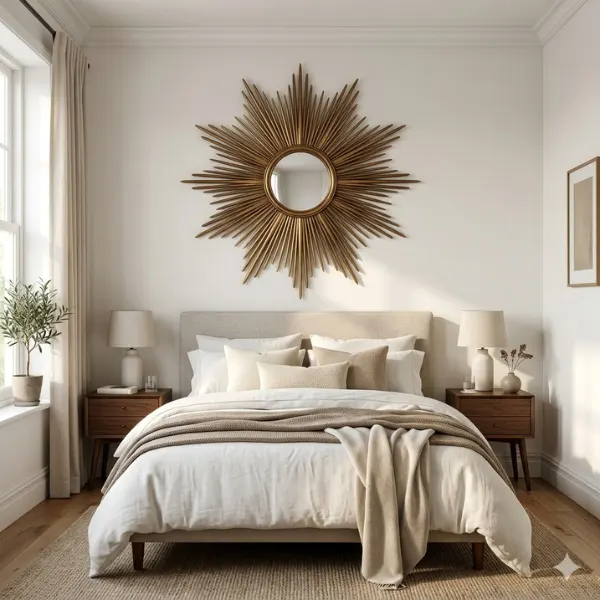 Sunburst Starburst Mirror Above the Headboard Styled to Glow the Sunburst Starburst Mirror Above the Headboard