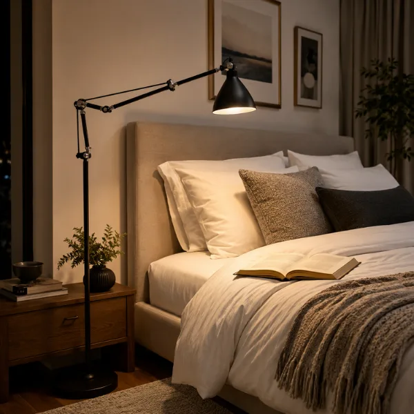 Swing Arm Reading Floor Lamp Beside the Bed Styled to Glow the Swing Arm Reading Floor Lamp Beside the Bed