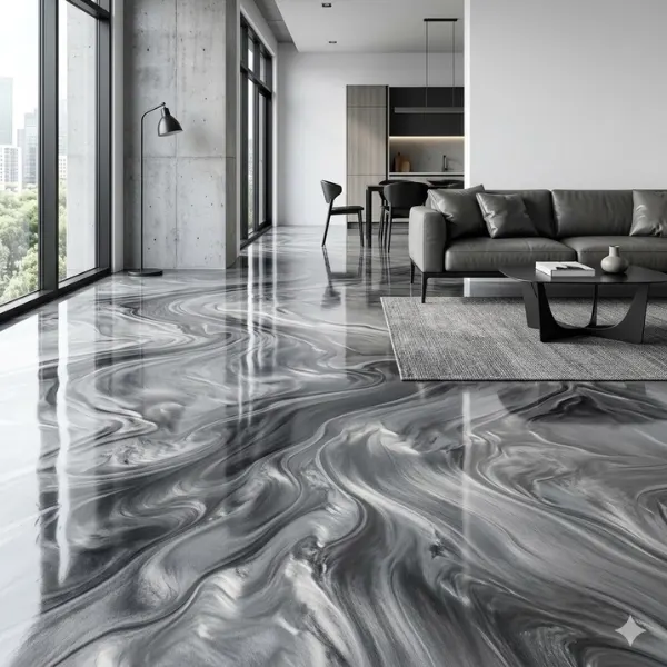Swirling Grey Metallic Epoxy Floors Styled to Glow the Swirling Grey Metallic Epoxy Floors