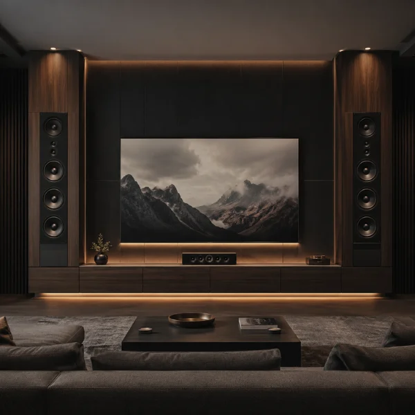 TV Stand with Integrated Audio Towers for Home Theater Styled to Glow the TV Stand with Integrated Audio Towers for Home Theater