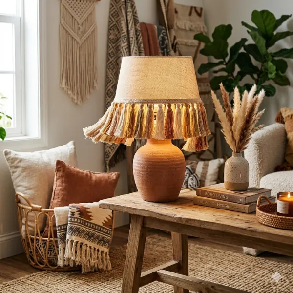 Tassel Trimmed Boho Table Lamp Styled to Glow the Tassel Trimmed Boho Table Lamp