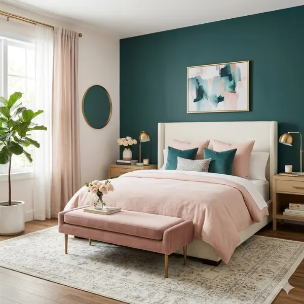 Teal Green Bedroom with Blush Pink Accents Styled to Glow the Teal Green Bedroom with Blush Pink Accents