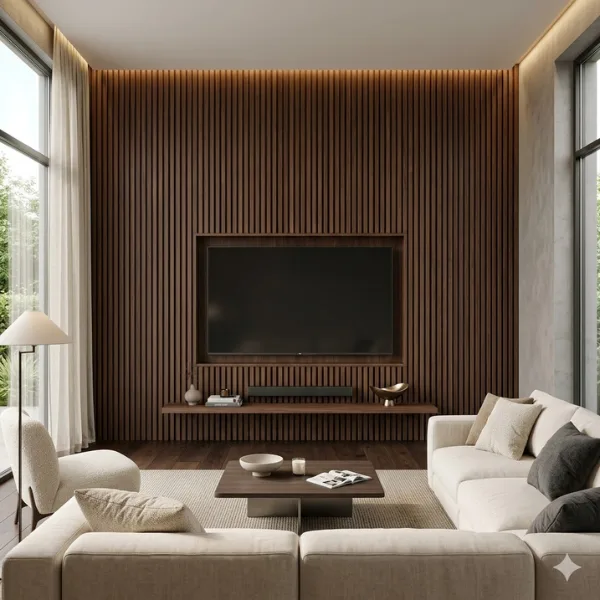 the The Full Wall Walnut Wood Slat Panel with Recessed TV