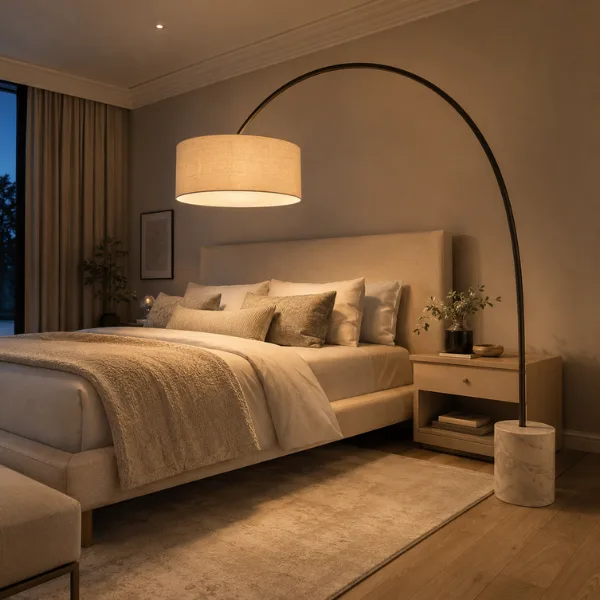 The Oversized Arc Lamp Over the Bed Styled to Glow the The Oversized Arc Lamp Over the Bed