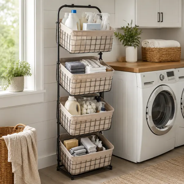 Tiered Wire Basket Tower on the Floor Styled to Glow the Tiered Wire Basket Tower on the Floor