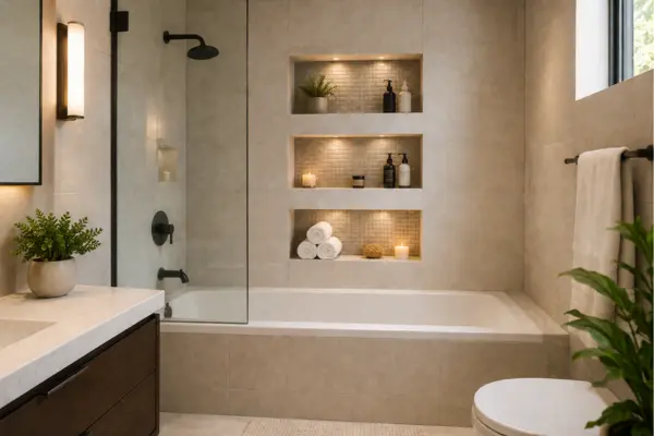 Tiled Alcove Tub With Recessed Niches Styled to Glow the Tiled Alcove Tub With Recessed Niches