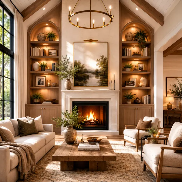 Transitional Vaulted Ceiling with Built In Shelving Fireplace Styled to Glow the Transitional Vaulted Ceiling with Built In Shelving Fireplace