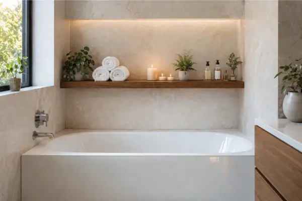 Tub With Floating Shelf Headboard Styled to Glow the Tub With Floating Shelf Headboard