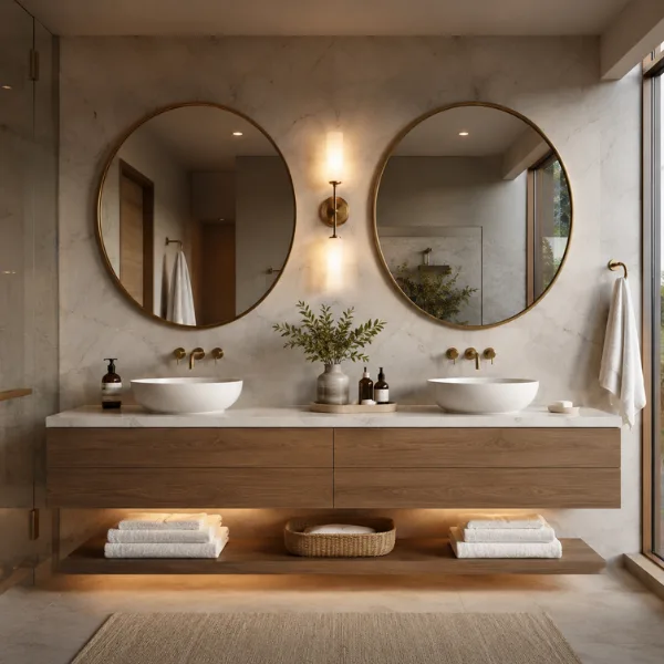 Twin Round Mirrors Over a Double Sink Vanity Styled to Glow the Twin Round Mirrors Over a Double Sink Vanity