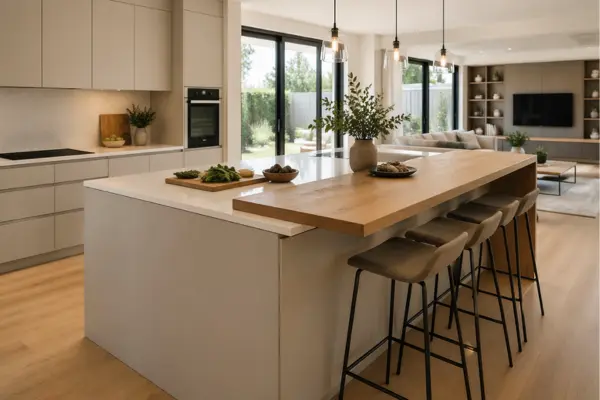 the Two Level Island With a Raised Dining Ledge