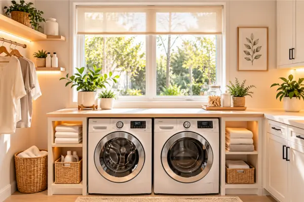 Under window laundry station with natural light Styled to Glow the Under window laundry station with natural light