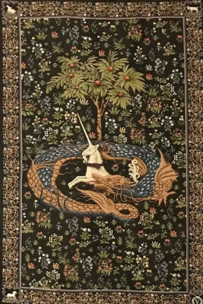 Unicorn in Captivity Tapestry Styled to Glow the Unicorn in Captivity Tapestry