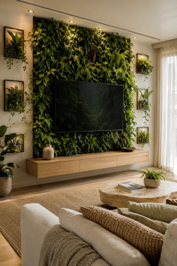 Vertical Plant Wall Backdrop with Floating TV Console and Potted Frames Styled to Glow the Vertical Plant Wall Backdrop with Floating TV Console and Potted Frames