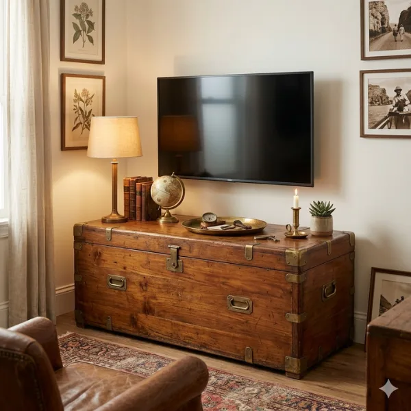 Vintage Campaign Chest Repurposed as TV Stand Styled to Glow the Vintage Campaign Chest Repurposed as TV Stand