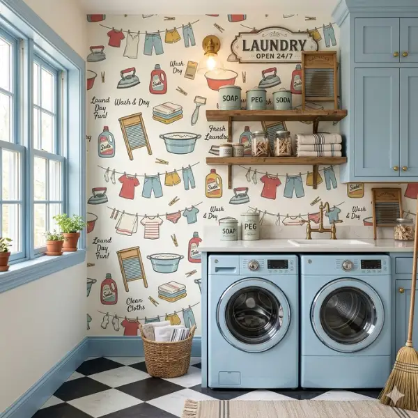 Vintage Retro Laundry Themed Wallpaper Styled to Glow the Vintage Retro Laundry Themed Wallpaper