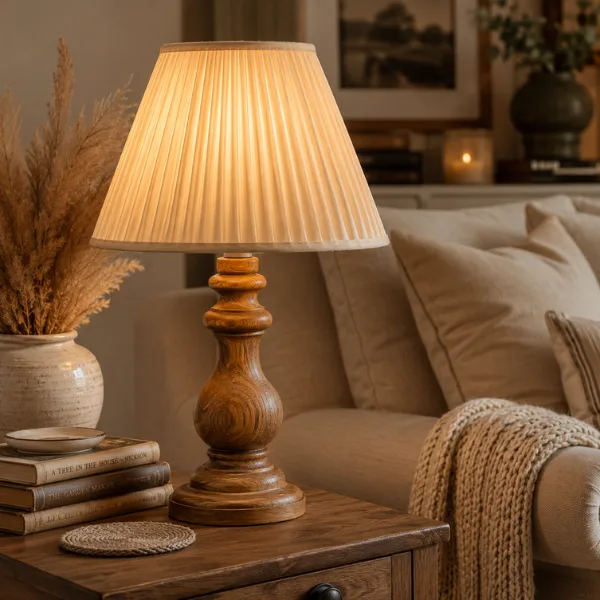 the Vintage Wooden Pleated Shade Bedside Table Lamp
