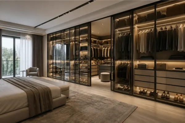 Walk In Wardrobe with Glass Doors Styled to Glow the Walk In Wardrobe with Glass Doors