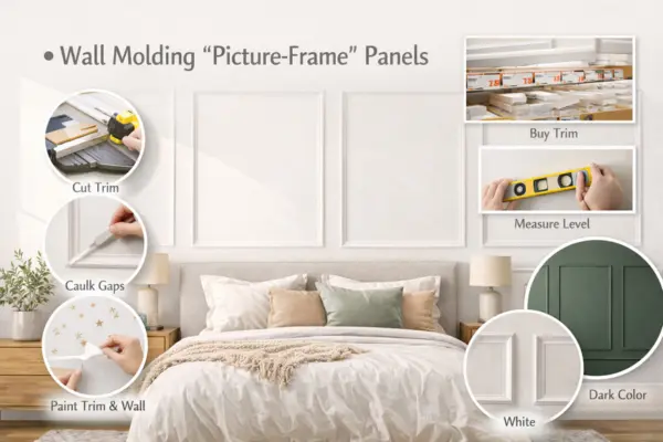Wall Molding Picture Frame Panels on bedroom wall Styled to Glow the Wall Molding Picture Frame Panels on bedroom wall