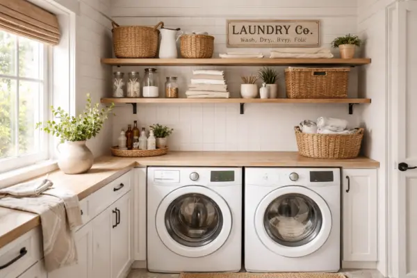 Warm Farmhouse Laundry Room with Wood Shelves Styled to Glow the Warm Farmhouse Laundry Room with Wood Shelves