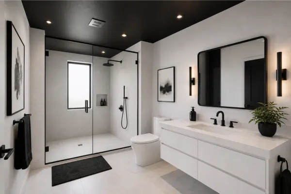 White Bathroom with a Black Ceiling Styled to Glow the White Bathroom with a Black Ceiling
