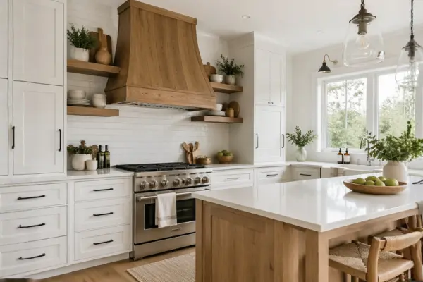 White Kitchen With a Statement Wood Range Hood Styled to Glow the White Kitchen With a Statement Wood Range Hood