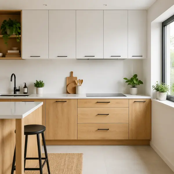 the White Upper Cabinets Natural Wood Base Cabinets