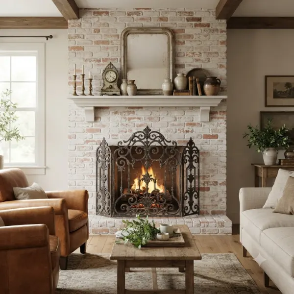 Whitewashed Brick with Antique Wrought Iron Screen Styled to Glow the Whitewashed Brick with Antique Wrought Iron Screen