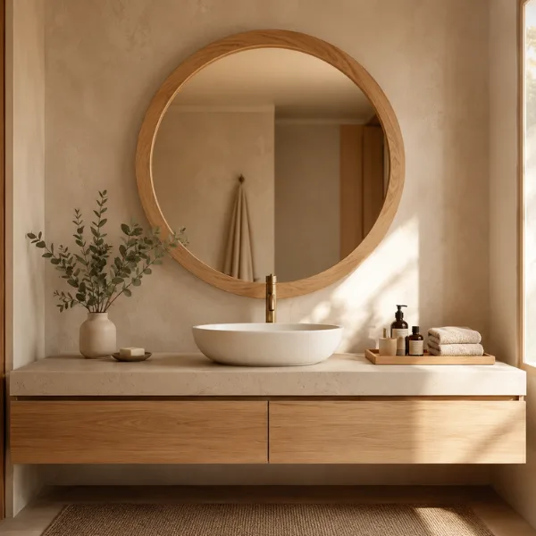 Wood Framed Round Mirror for a Warm Natural Look Styled to Glow the Wood Framed Round Mirror for a Warm Natural Look