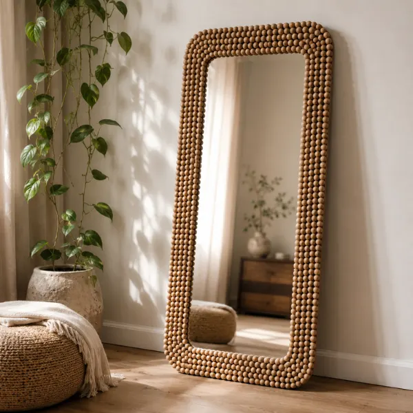 Wooden Bead Artisan Floor Mirror Styled to Glow the Wooden Bead Artisan Floor Mirror