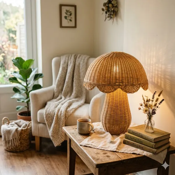 the Woven Rattan Toadstool Lamp