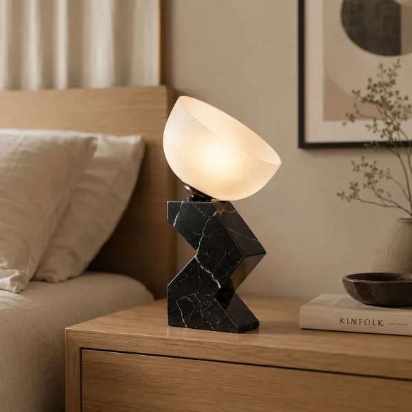 ZigZag Marble Base Frosted Glass Lamp Styled to Glow the ZigZag Marble Base Frosted Glass Lamp