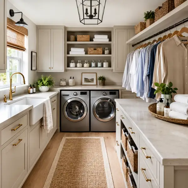 the Zoned larger small laundry room with sink and work areas