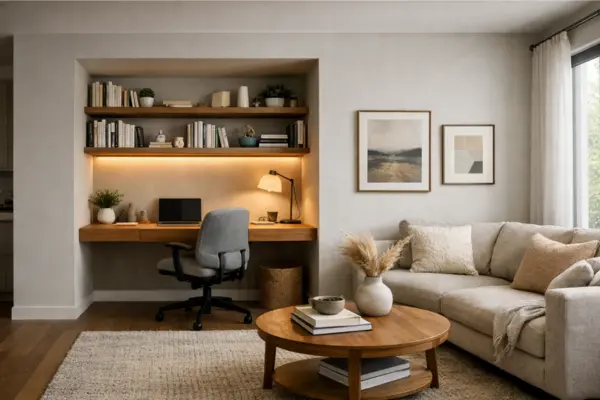alcove home office in living room Styled to Glow the alcove home office in living room
