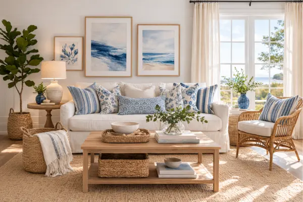 beach theme living room blue and white patterned Styled to Glow the beach theme living room blue and white patterned