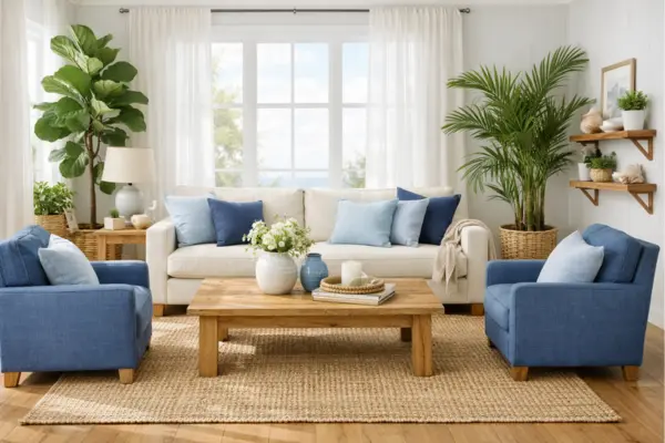 beach theme living room blue tones with greenery Styled to Glow the beach theme living room blue tones with greenery