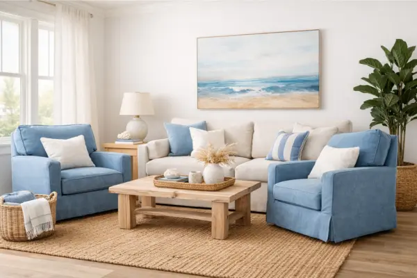 beach theme living room blue upholstered armchairs Styled to Glow the beach theme living room blue upholstered armchairs