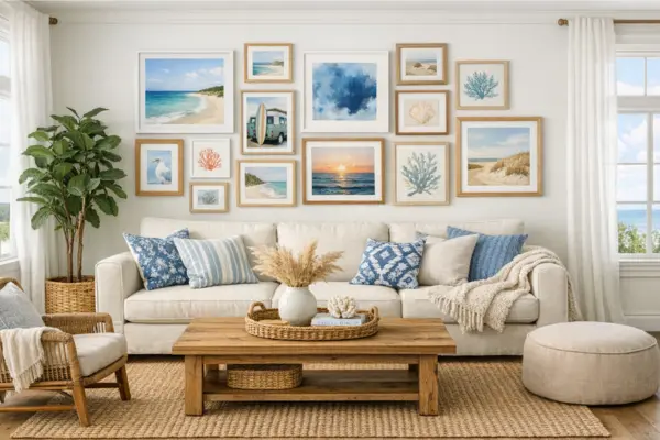 beach theme living room colorful gallery wall Styled to Glow the beach theme living room colorful gallery wall