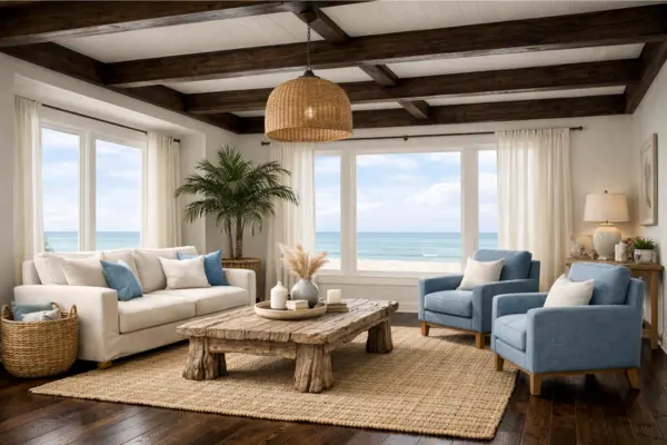 beach theme living room dark wood floors or beams Styled to Glow the beach theme living room dark wood floors or beams