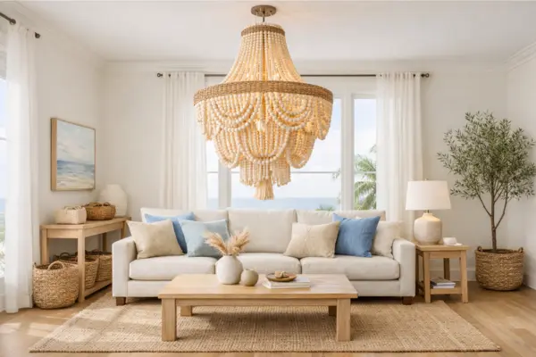 beach theme living room dramatic ceiling lighting Styled to Glow the beach theme living room dramatic ceiling lighting