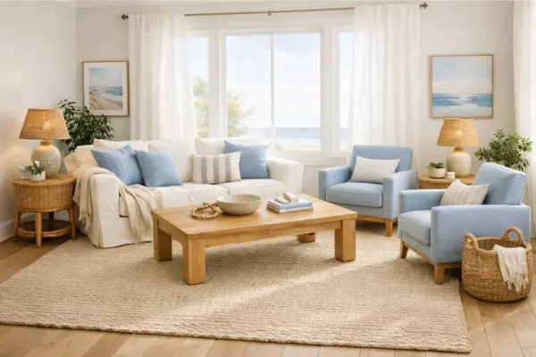 beach theme living room large beige rug Styled to Glow the beach theme living room large beige rug