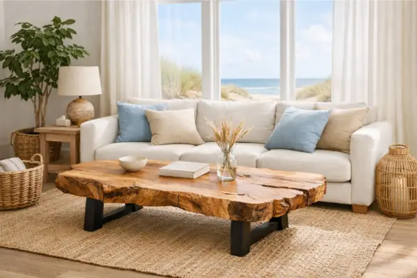 beach theme living room live edge coffee table Styled to Glow the beach theme living room live edge coffee table