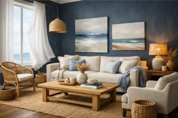 beach theme living room moody blue walls Styled to Glow the beach theme living room moody blue walls