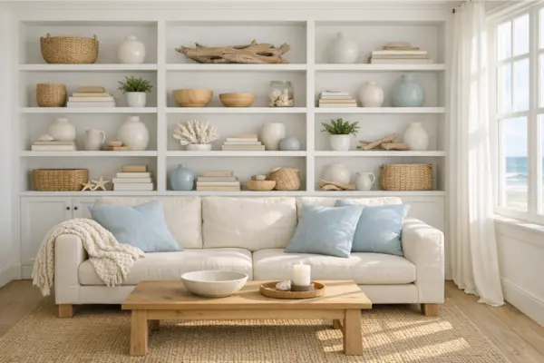 beach theme living room natural texture built ins Styled to Glow the beach theme living room natural texture built ins