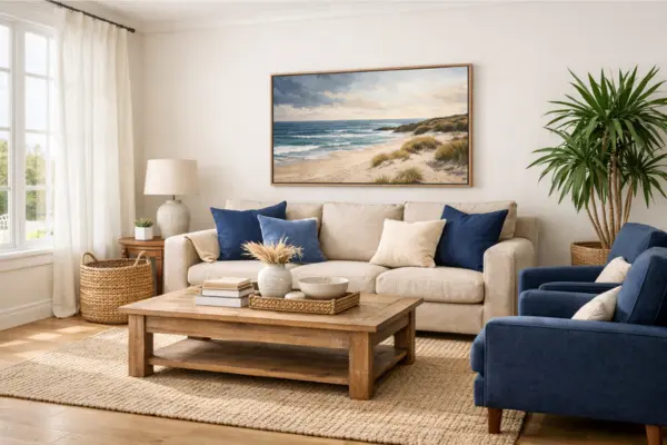 beach theme living room navy and sandy beige Styled to Glow the beach theme living room navy and sandy beige