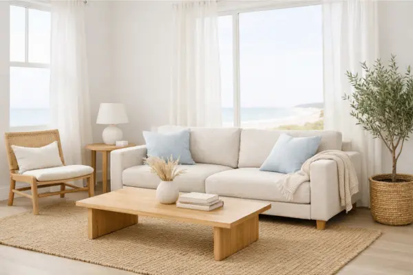 beach theme living room neutral with small blue touches Styled to Glow the beach theme living room neutral with small blue touches