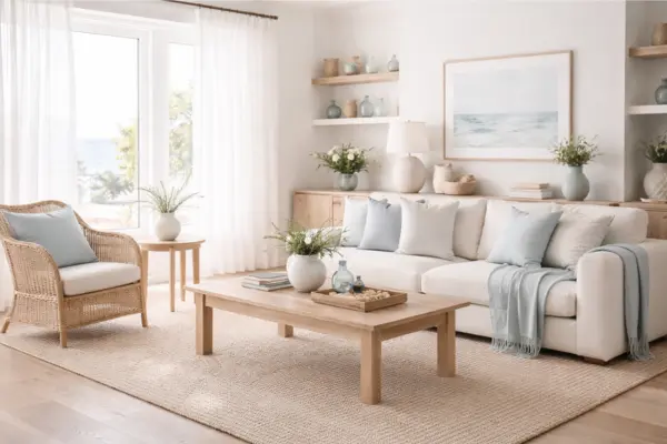 beach theme living room pale blue and light wood Styled to Glow the beach theme living room pale blue and light wood