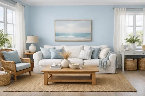 beach theme living room pale sky blue walls Styled to Glow the beach theme living room pale sky blue walls